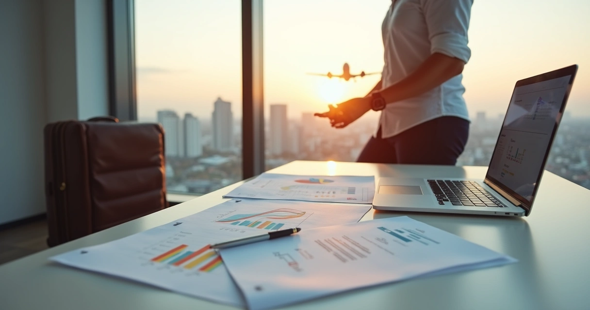 Consultor de turismo analisando gráficos ao lado de mala de viagem elegante 