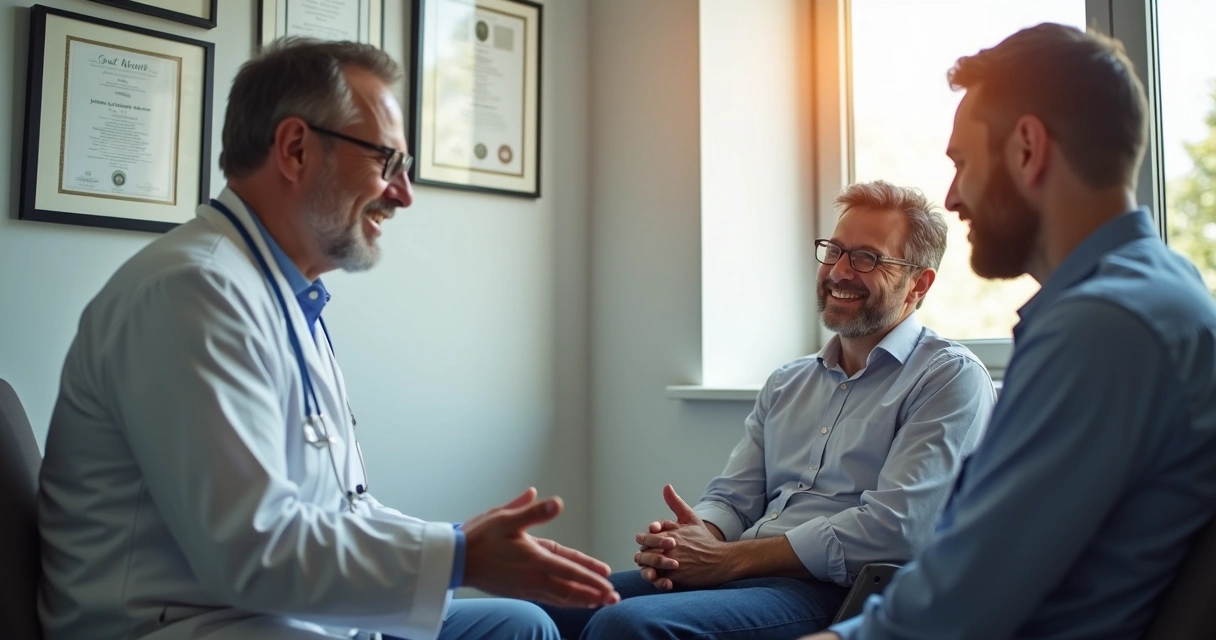 Homem conversando com urologista, companheira ao lado, consultório. 