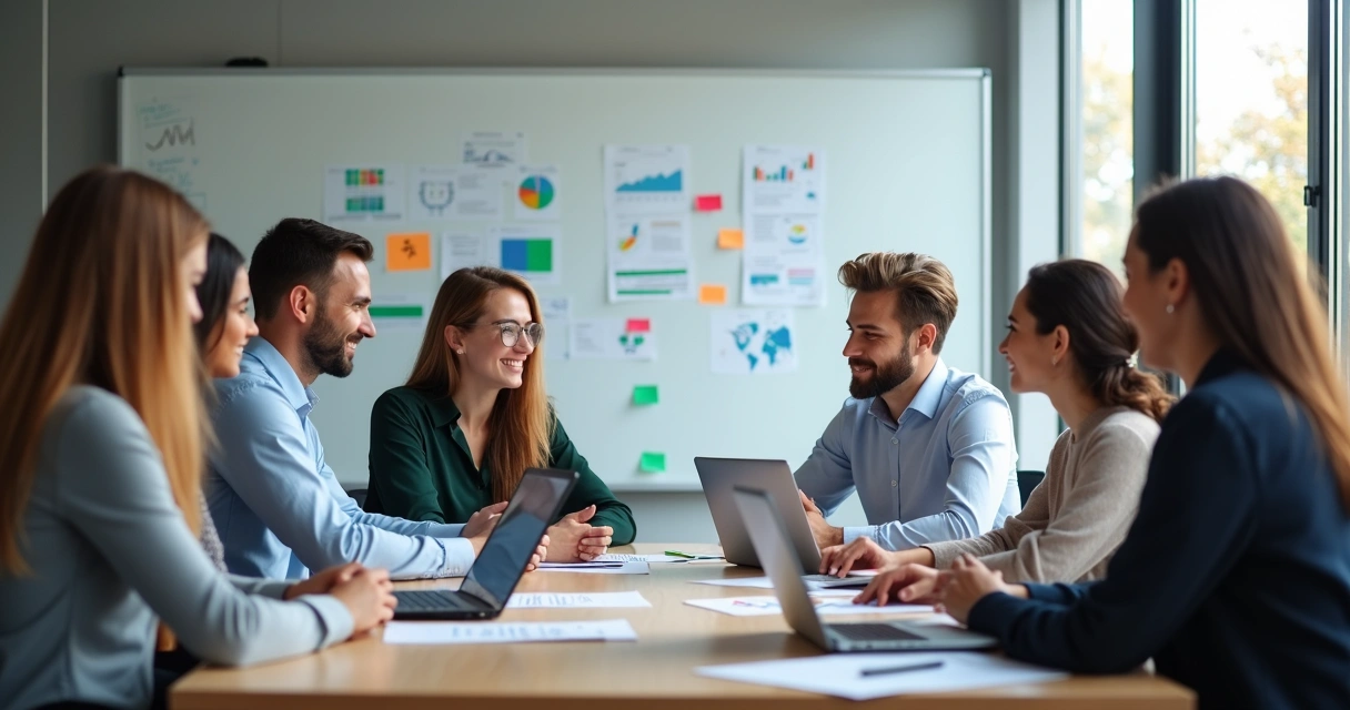 Equipe de profissionais em reunião discutindo estratégias de vendas para agência digital com gráficos e laptops ao redor 