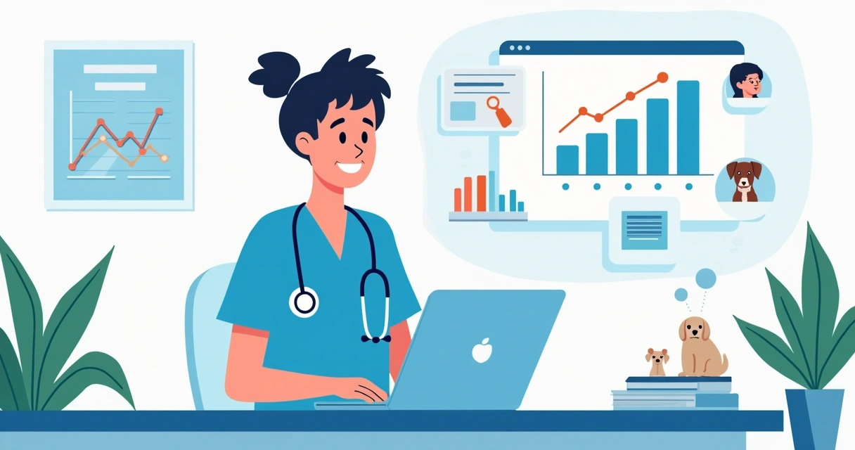 Veterinário contente analisando gráficos de crescimento no consultório 