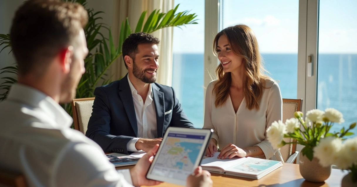 Consultora de viagem apresentando roteiro personalizado em Marbella 