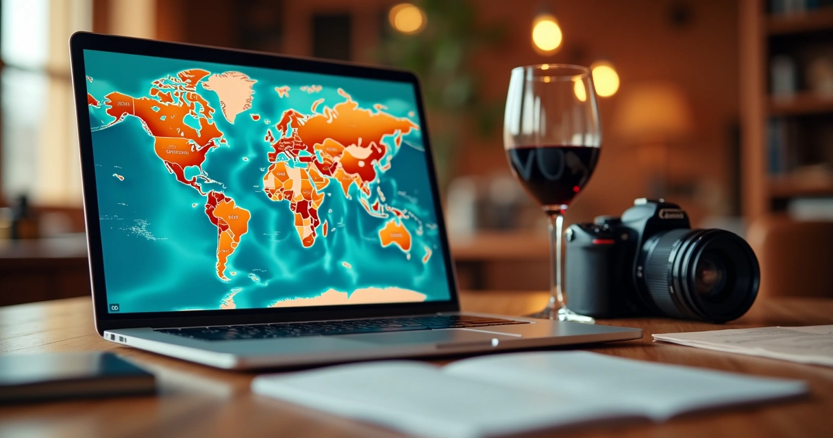 Mesa elegante com laptop aberto exibindo mapa do mundo, ao lado caixas de passaporte, câmera fotográfica e uma taça de vinho sobre superfície de madeira escura 