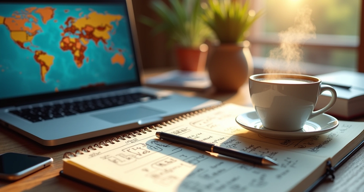Mesa com laptop aberto mostrando mapa do mundo, caderno com anotações de viagem, caneta e xícara de café ao lado 
