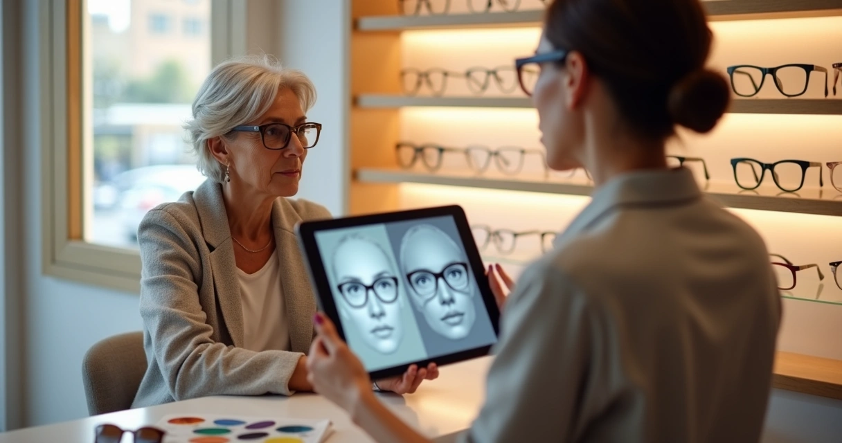 Cliente experimentando armações enquanto consultora aponta análise de visagismo em tablet 