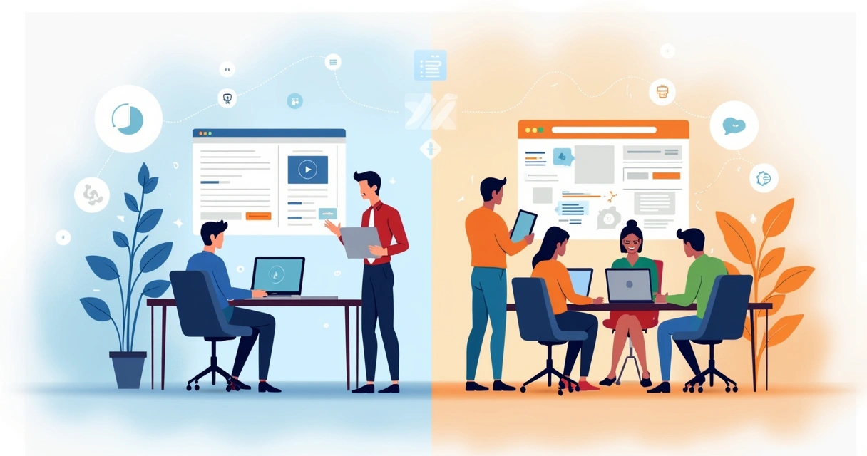 Ilustração corporativa mostrando comparação entre cursos online e consultoria para adoção do Laravel, com laptop aberto mostrando código Laravel de um lado e grupo de especialistas discutindo do outro 