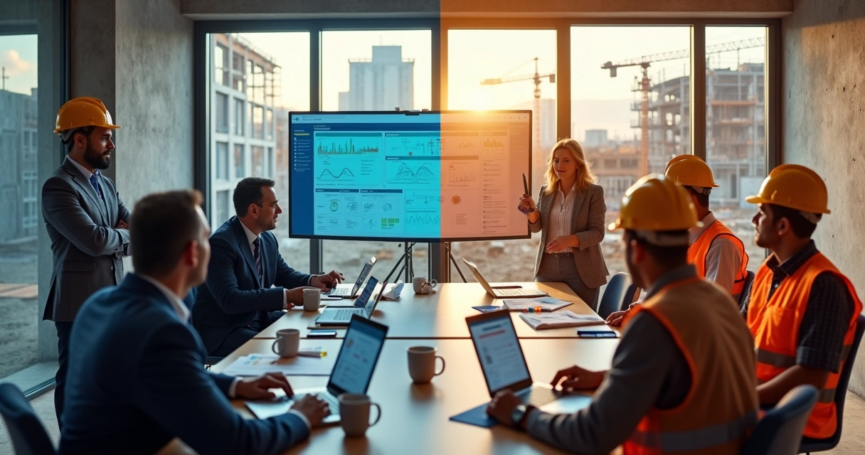 Comparação visual entre consultoria de gestão e treinamento em liderança no contexto de obras civis 