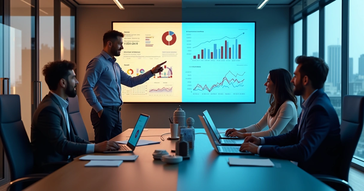 Comparação visual entre consultoria de IA e plataforma de IA para PME em um escritório moderno 