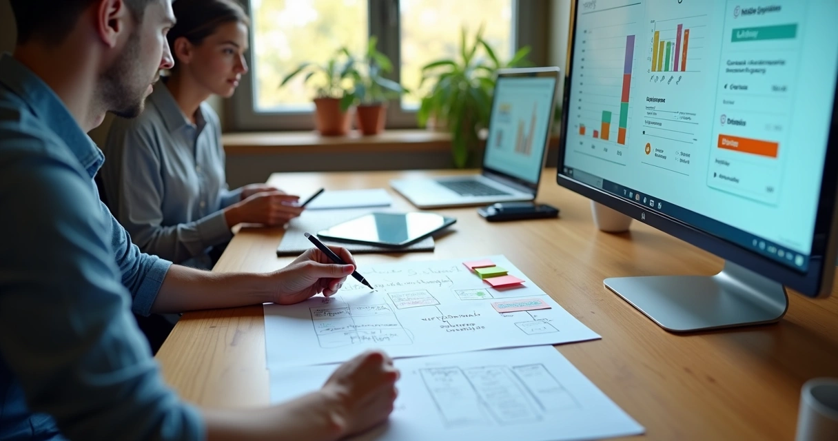 Mesa dividida comparando consultor de marketing e painel de software de gestão 