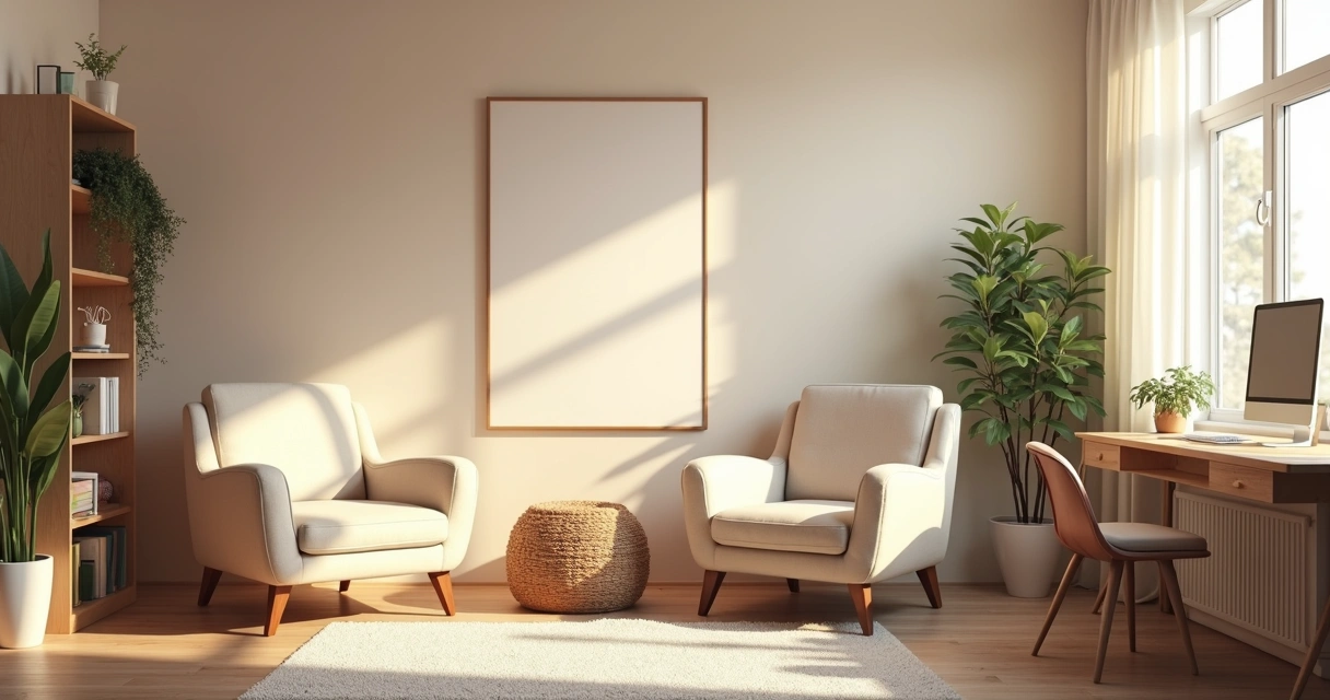Consultório psicológico organizado e iluminado com decoração suave 