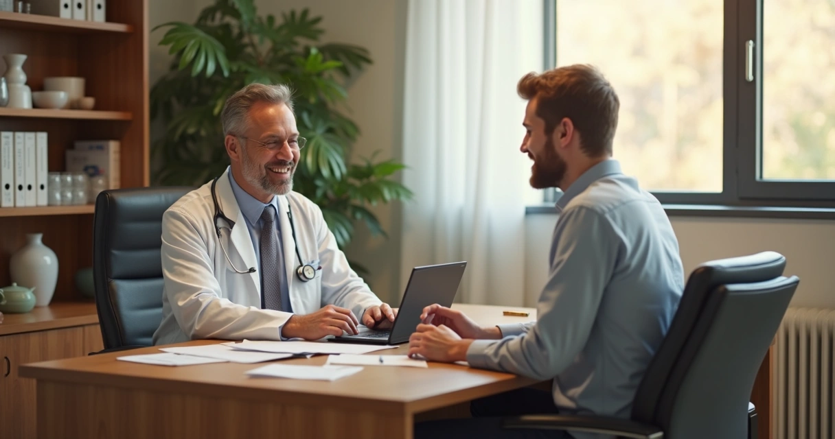 Consultório médico aconchegante com médico e paciente conversando 