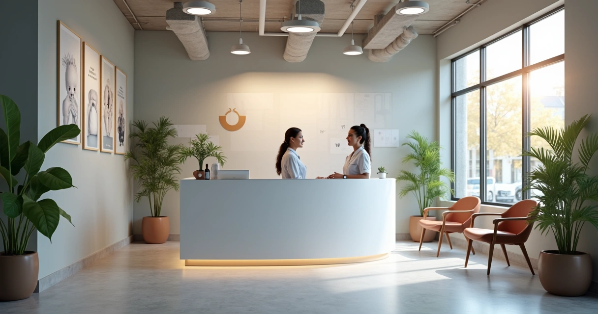 Recepção de clínica odontológica acolhedora e moderna 