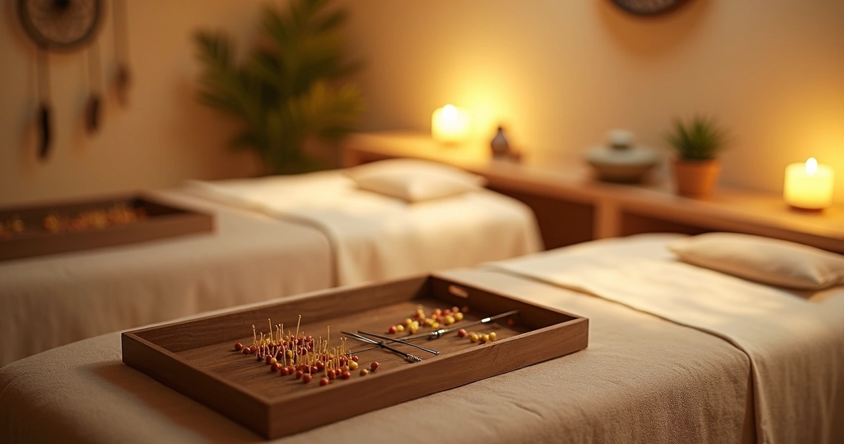 Consultório de acupuntura voltado ao sono, com macas, instrumentos e ambiente relaxante. 