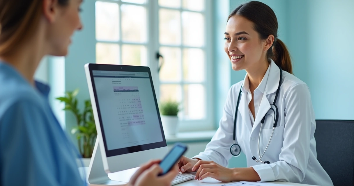 Recepcionista mexendo em computador ao lado de agenda digital aberta 