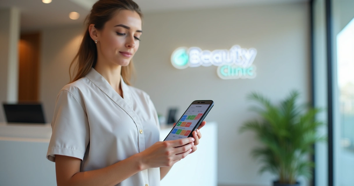 Profissional de estética usando aplicativo de agenda de clínica pelo celular na recepção de uma clínica moderna