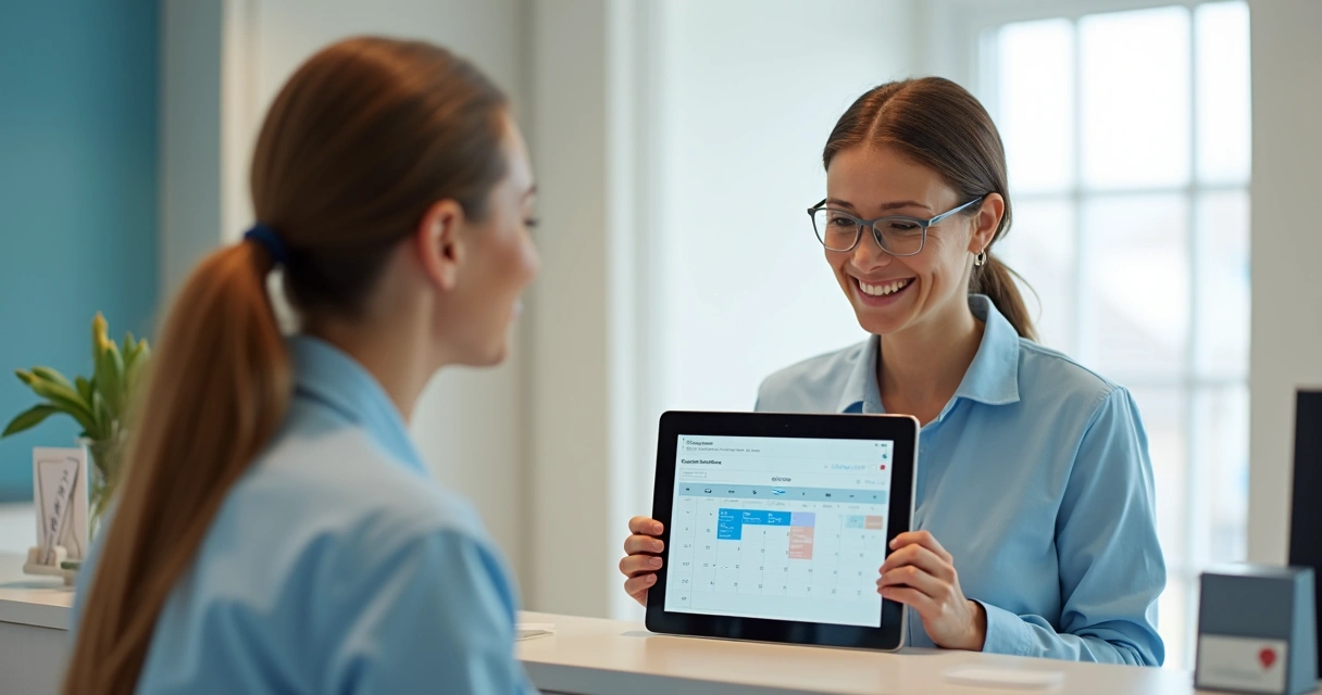 Secretária de clínica atendendo paciente com agenda de consultas aberta 