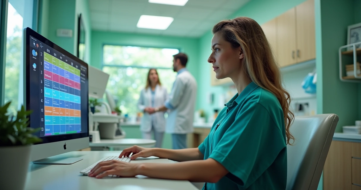 Secretária analisando agenda digital em consultório odontológico 