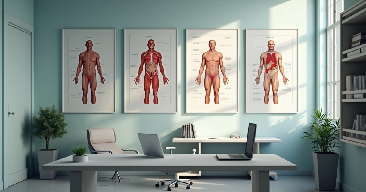 Consultório médico com cartaz explicativo de temas masculinos. 