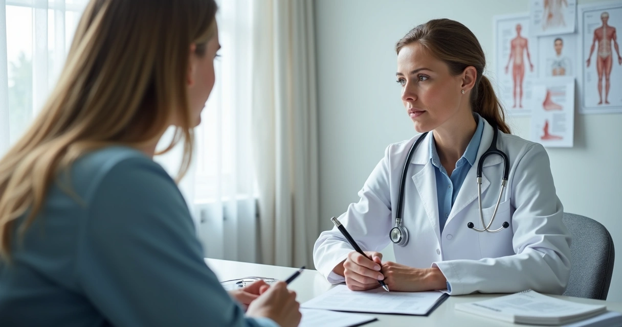 Médico fazendo anotações enquanto ouve uma paciente em consultório moderno 