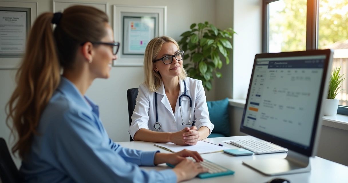 Atendente em consultório usando sistema de agendamento 