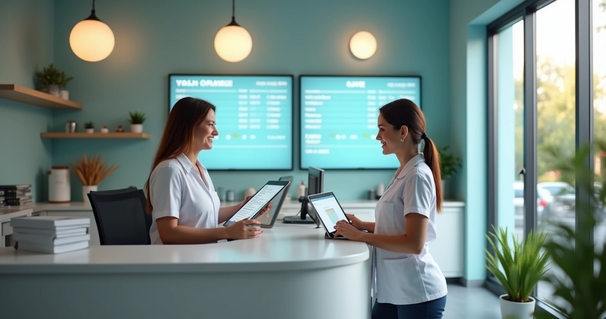 Recepção de clínica odontológica com paciente sendo atendido para agendamento