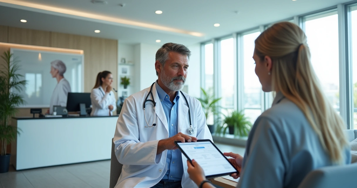 Consultório moderno com médico atendendo paciente usando tablet e secretária ao fundo 