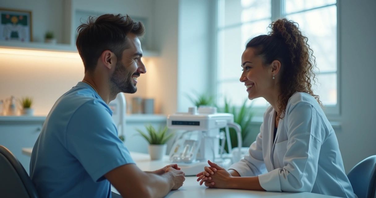 Dentista em consultório conversando com paciente durante atendimento consultivo