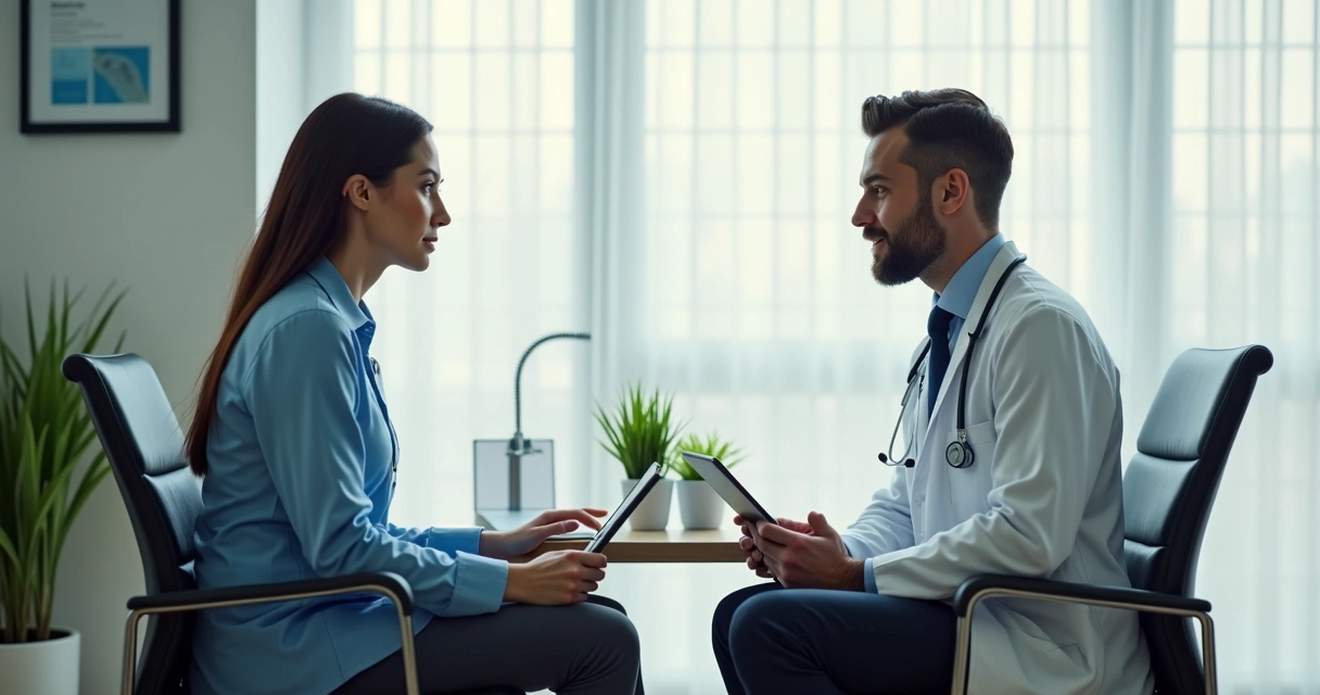 Médico atencioso conversando com paciente em consultório moderno 