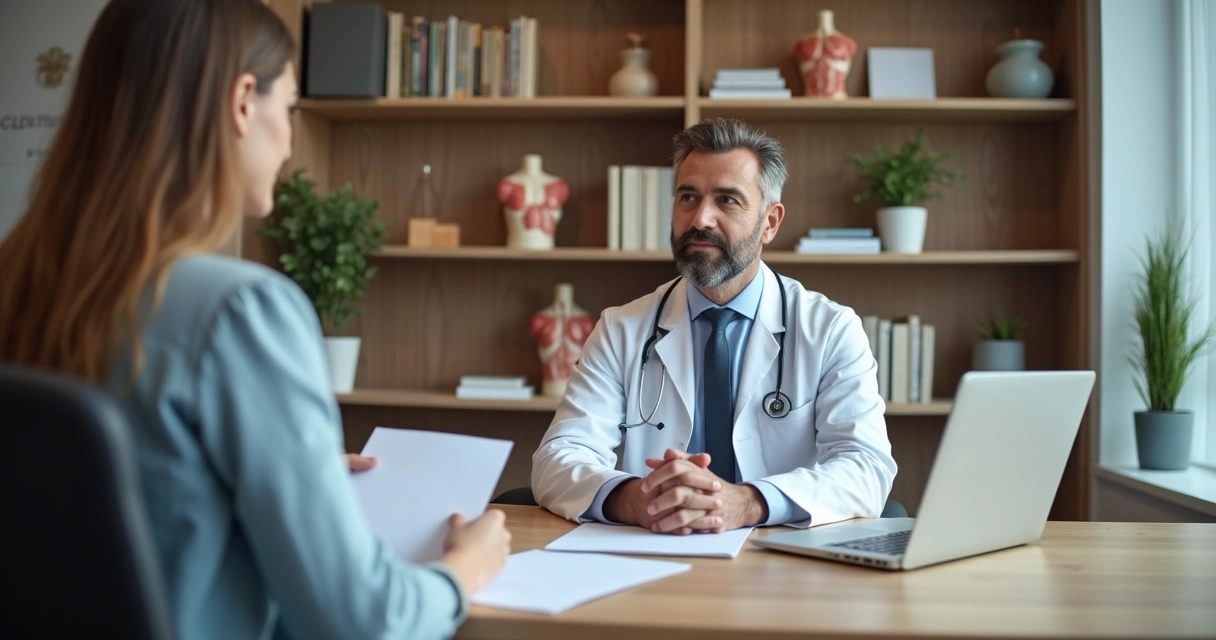 Médico atendendo paciente em consultório moderno 