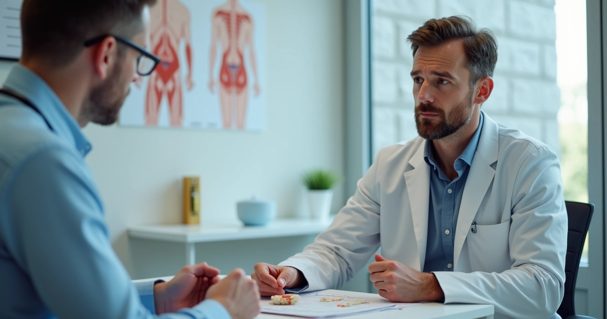 Médico orientando paciente em consultório moderno 