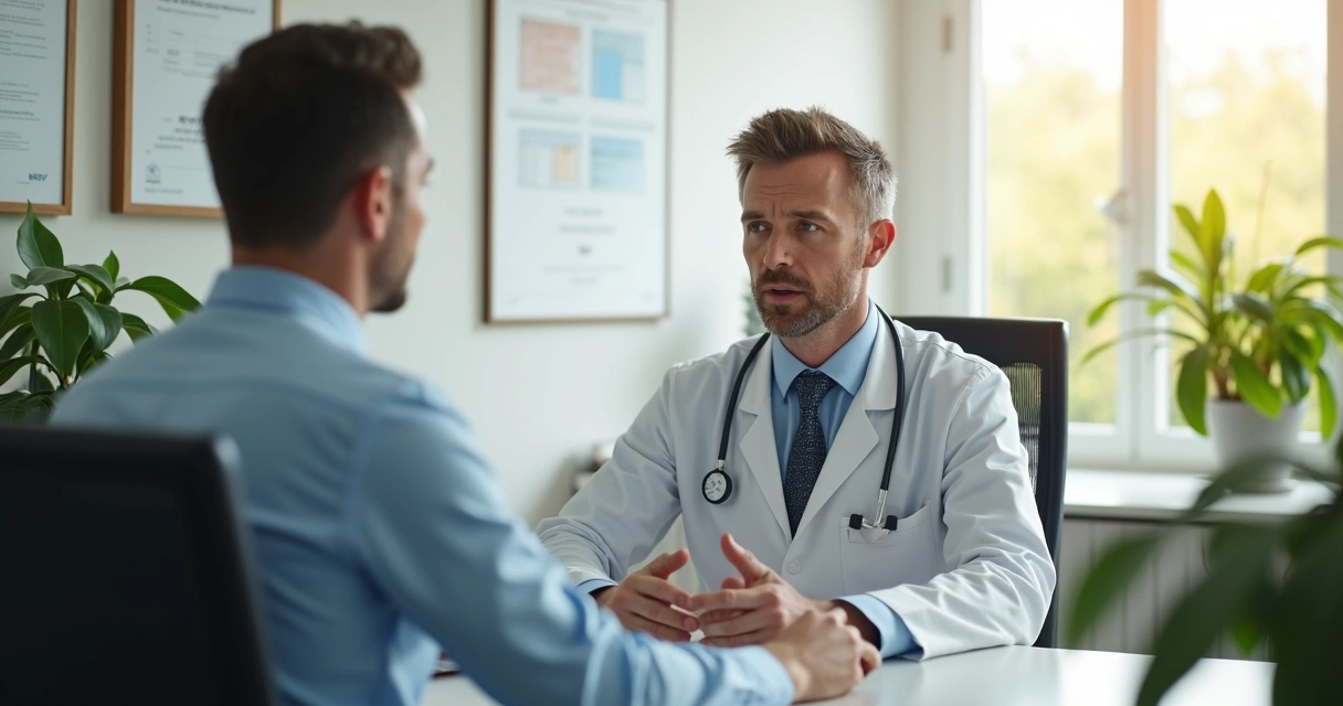 Médico especialista conversando com paciente em consultório