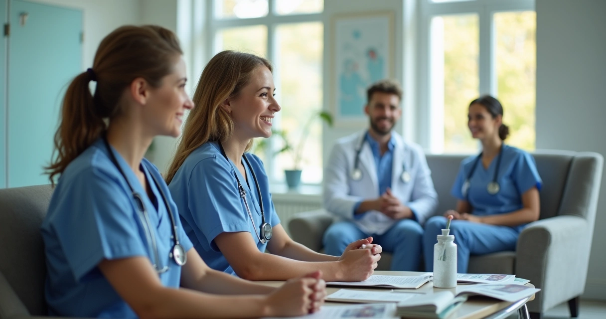 Recepção movimentada de clínica médica com equipe cumprimentando pacientes 
