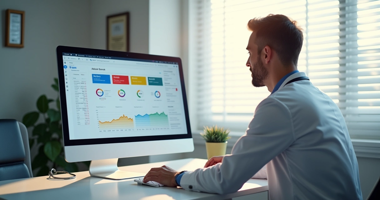 Médico em consultório criando campanha digital na frente do computador 