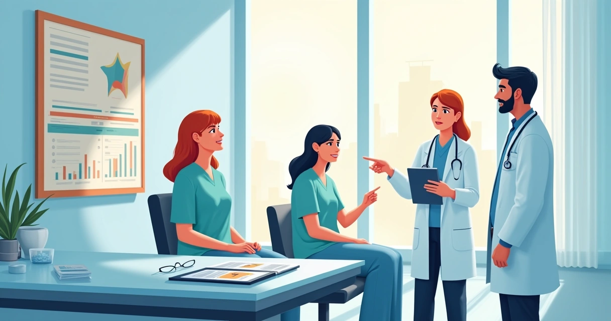 Consultation room with doctors discussing metabolic surgery, patient present, educational poster on the wall.