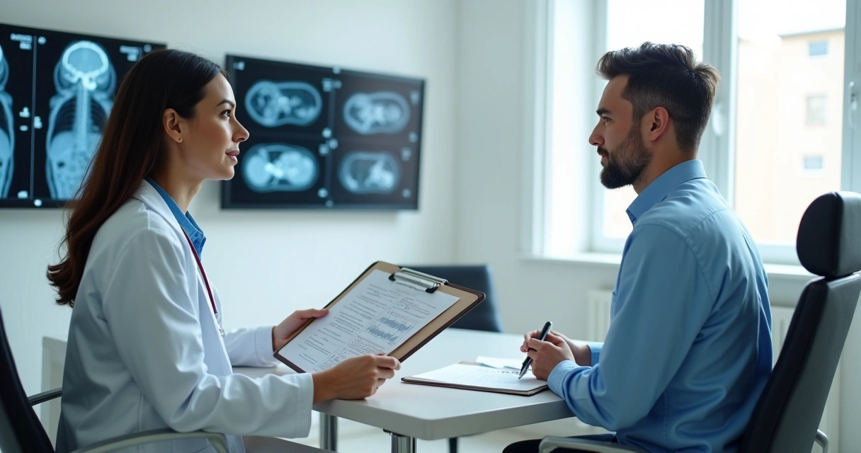 Consultório médico com cirurgião oncológico e paciente durante avaliação clínica detalhada 