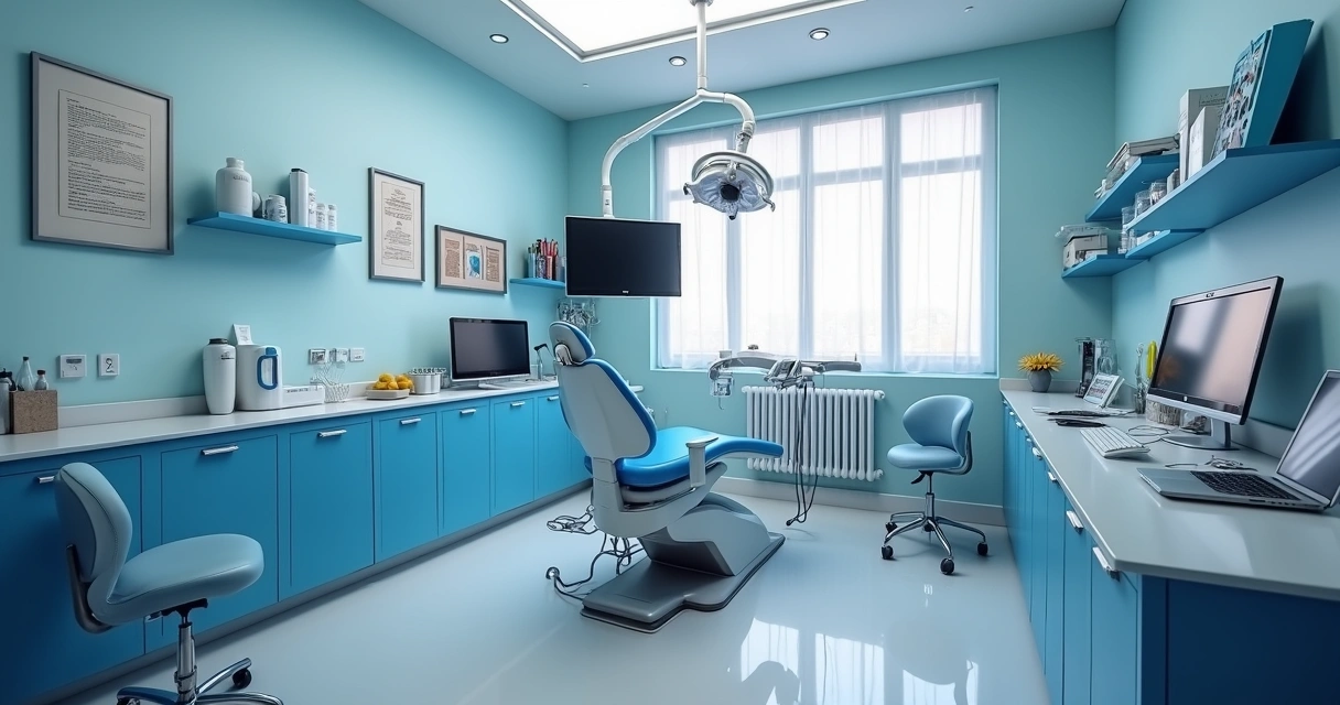 Consultório odontológico moderno com instrumentos de cirurgia orofacial 