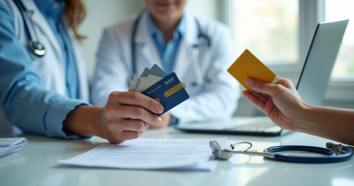 Pessoa sentado à mesa médica segurando três cartões de crédito ao lado de boleto bancário. 