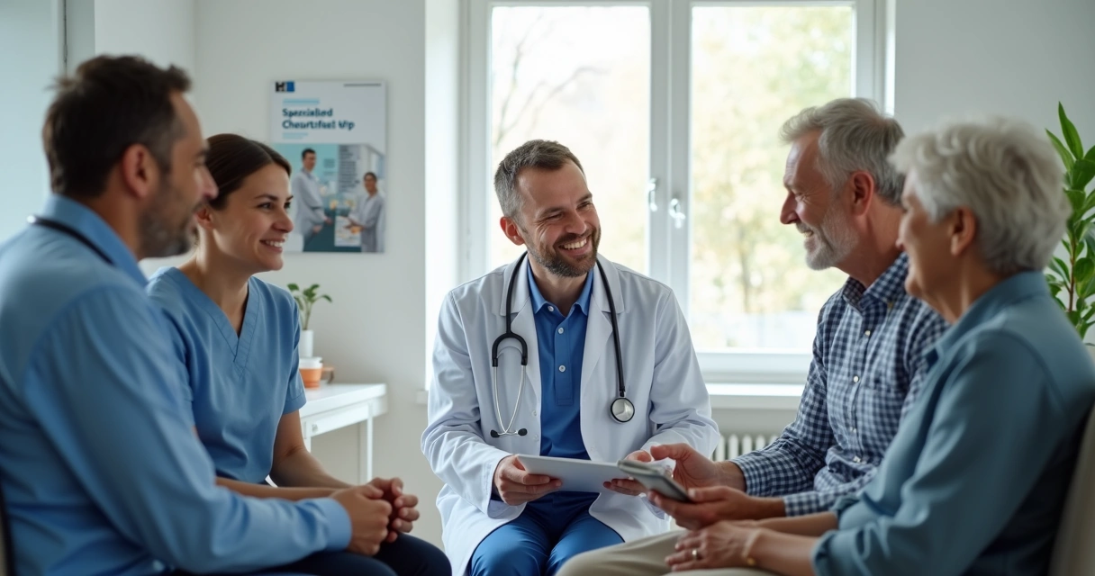 Profissionais de saúde atendendo grupos distintos de pacientes em consultório. 
