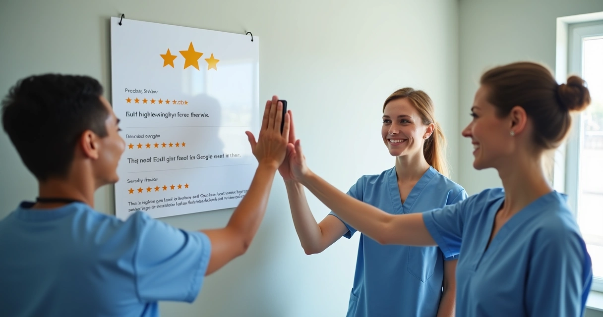 Equipe de consultório comemorando boa avaliação do Google com paciente satisfeito 