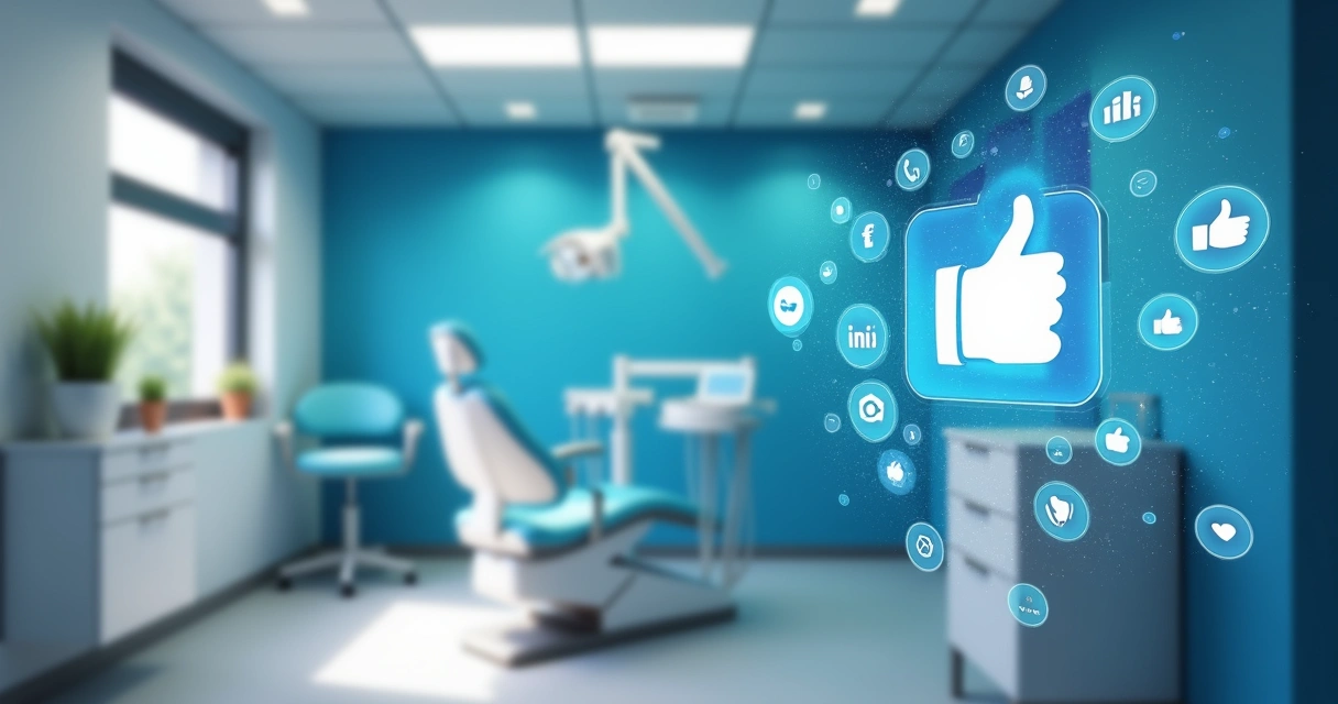 Consultório odontológico moderno com parede azul e elementos digitais de mídia social ao fundo 