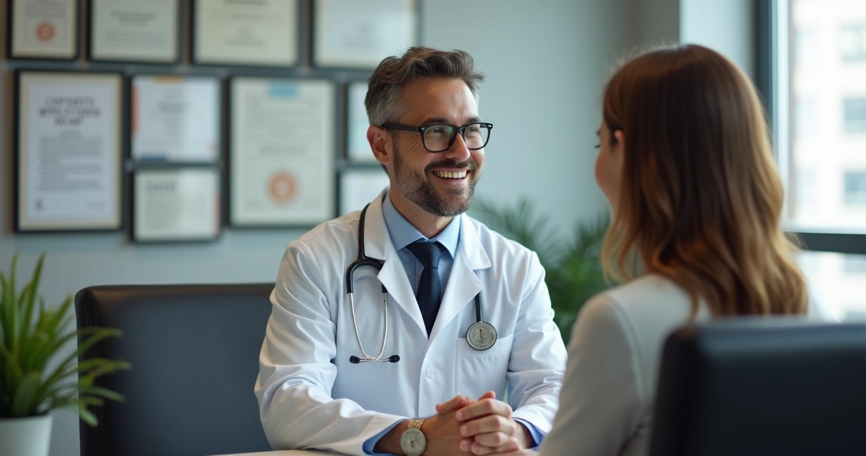 Paciente sorrindo com médico após resolução de problema