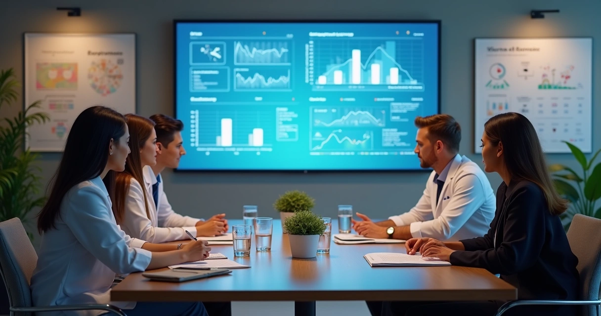 Equipe de clínica odontológica reunida analisando dados financeiros 