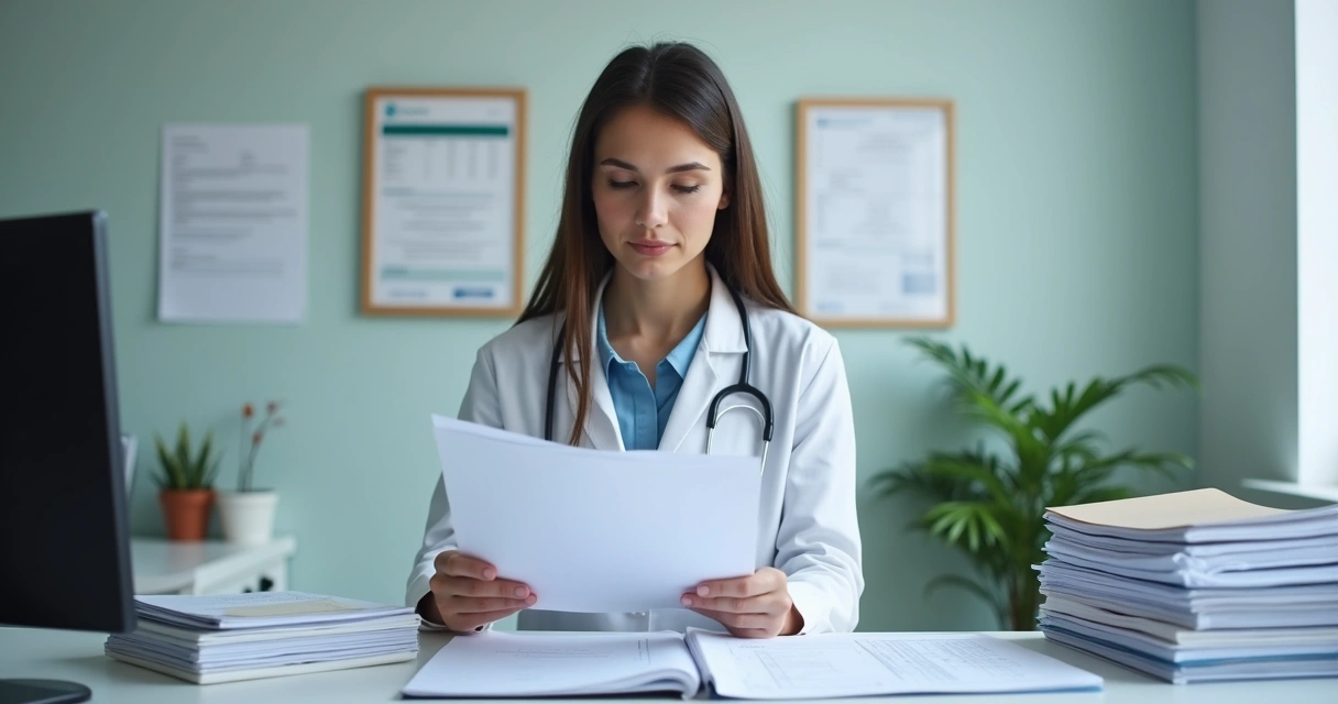 Secretária organizando documentação em clínica médica, pilhas de papéis sobre a mesa 