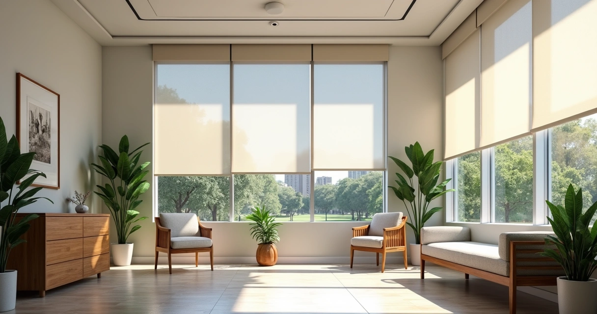 Consultório médico com persiana dupla, tela solar e blackout combinados