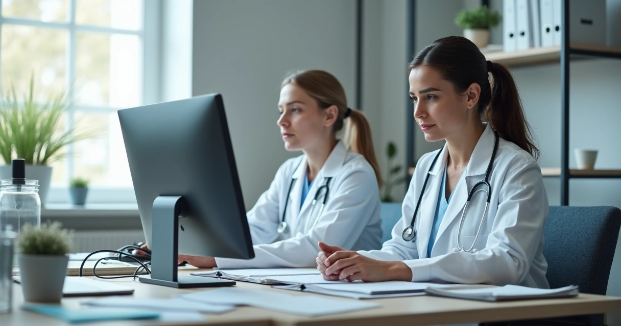 Contador digital orientando profissional de saúde em consultório 