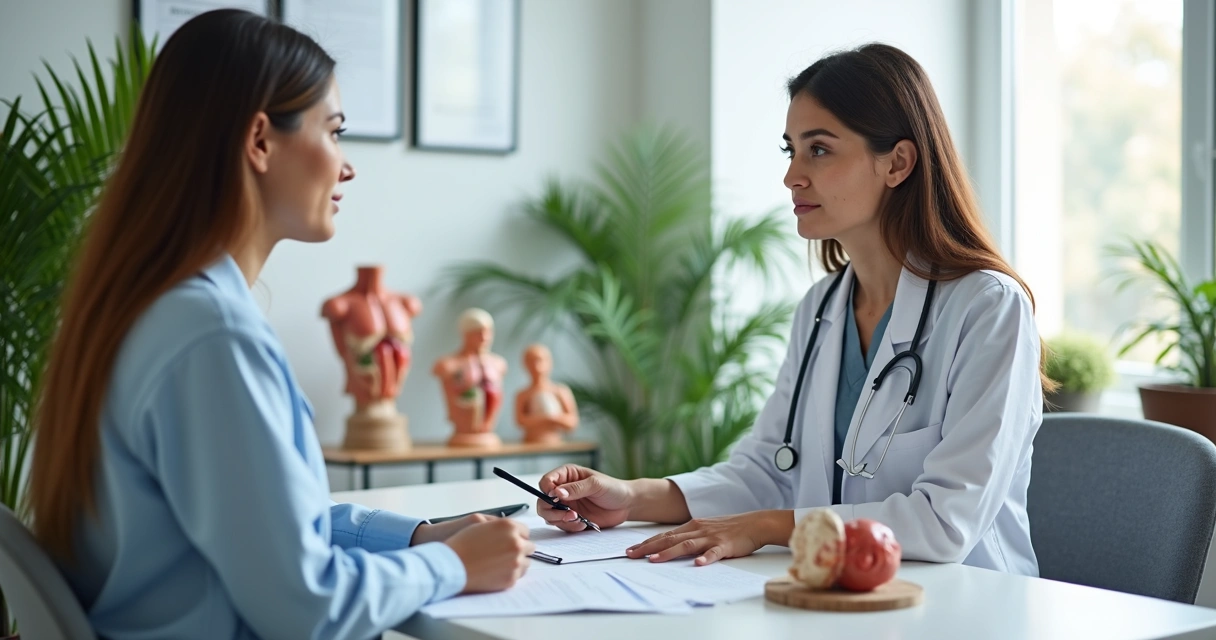 Médica conversando com paciente mulher em consultório sobre cuidados pós-tratamento