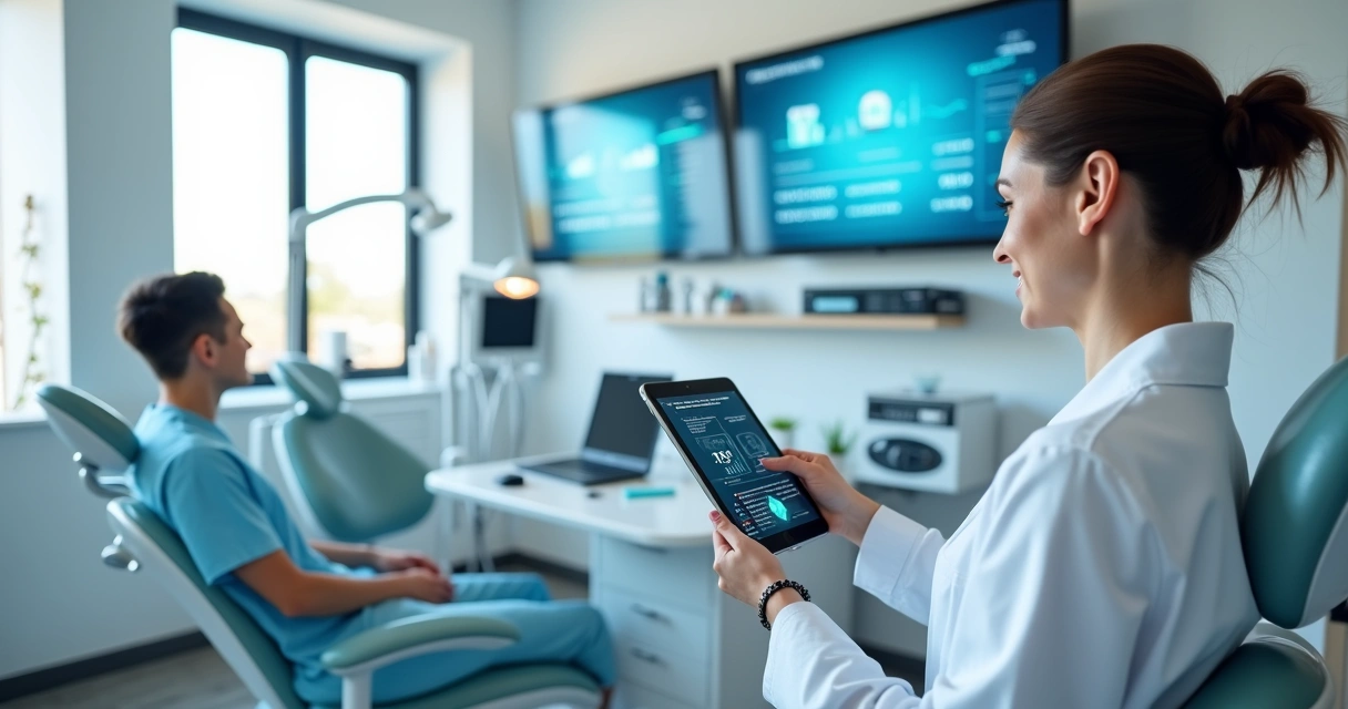 Consultório odontológico moderno com tecnologia digital e telas exibindo gráficos