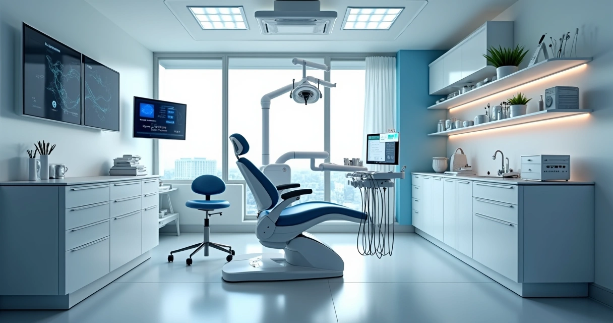 Consultório odontológico moderno com equipamentos e cadeira de dentista