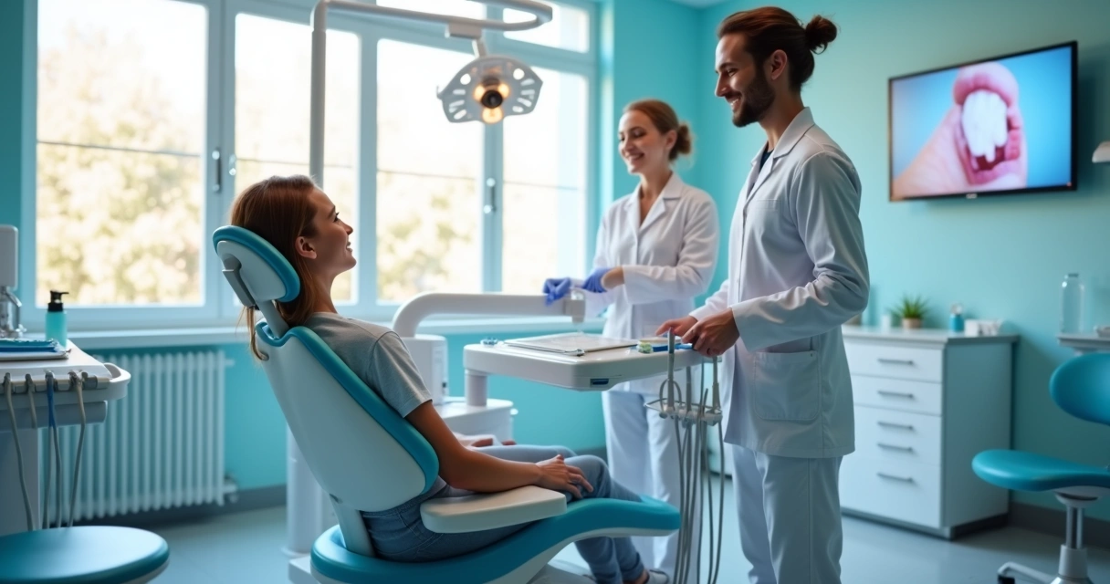 Paciente sorrindo em consultório odontológico moderno com equipe acolhedora 