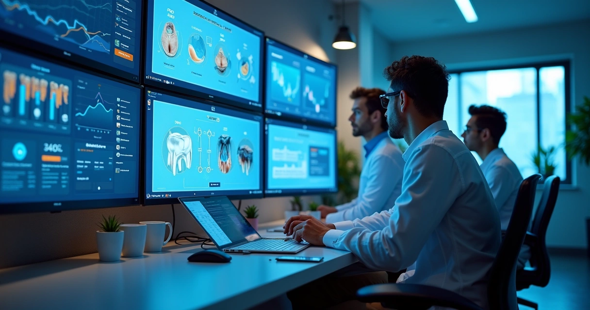 Equipe em consultório odontológico analisando gráficos digitais 