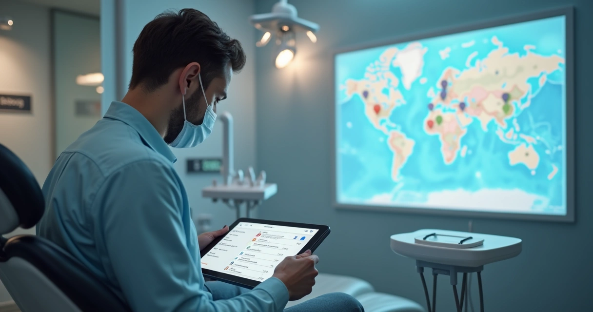 Dentista configurando conta em tablet em consultório com mapa ao fundo